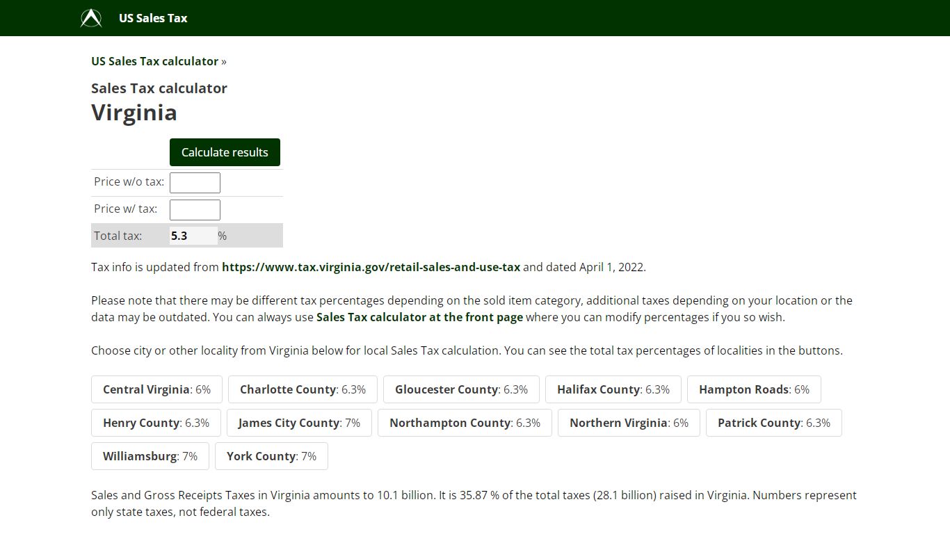 Virginia Sales Tax calculator, US