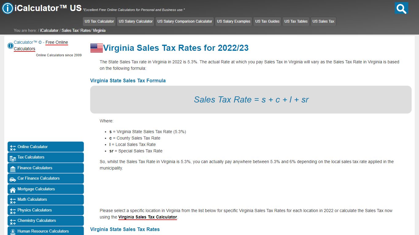 Virginia Sales Tax Rates | US iCalculator™